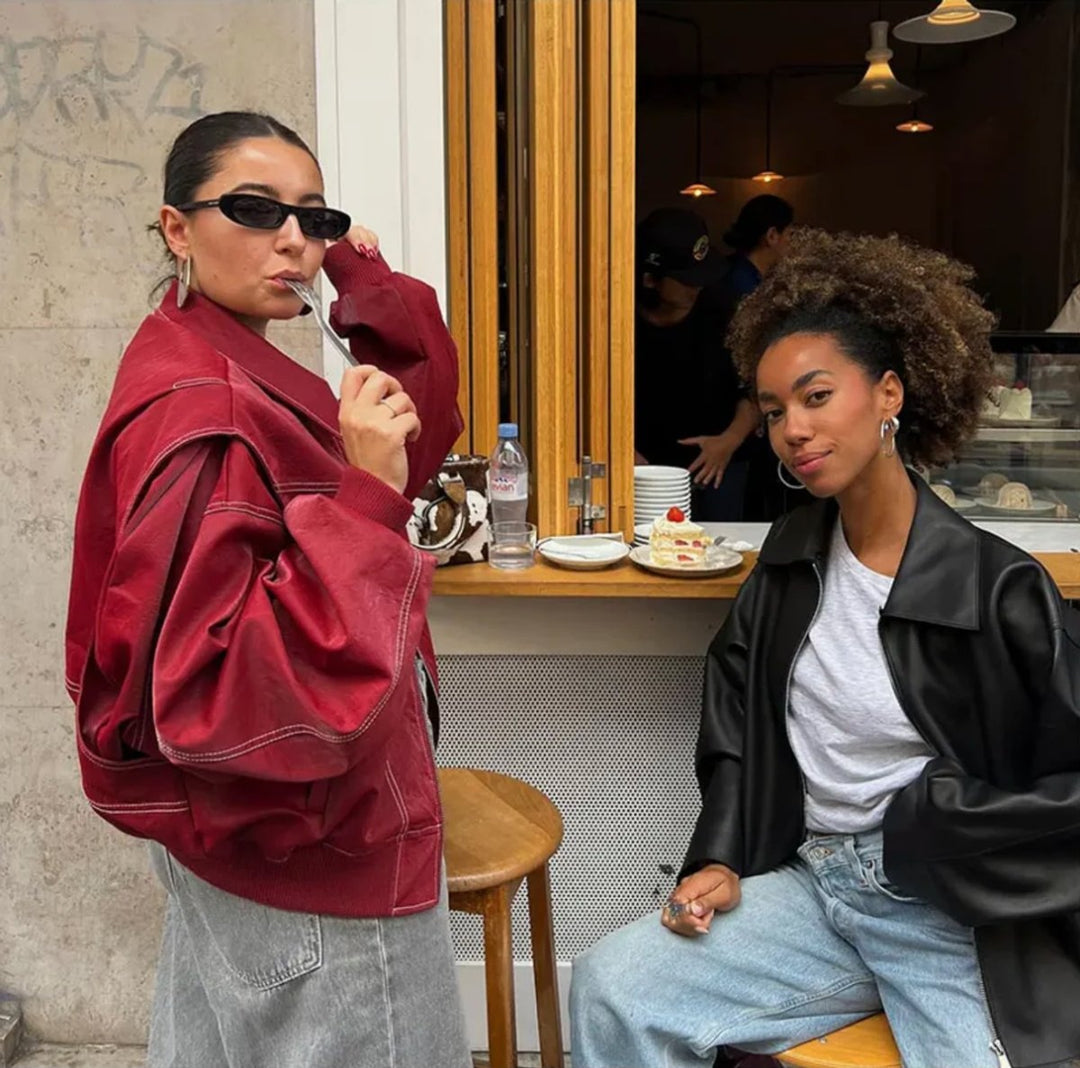 Harriet | Women's Oversized Faux Leather Zip Up Bomber Jacket