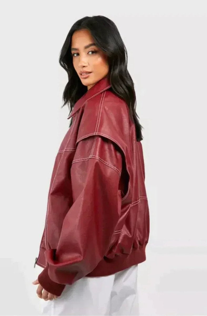 Harriet | Women's Oversized Faux Leather Zip Up Bomber Jacket
