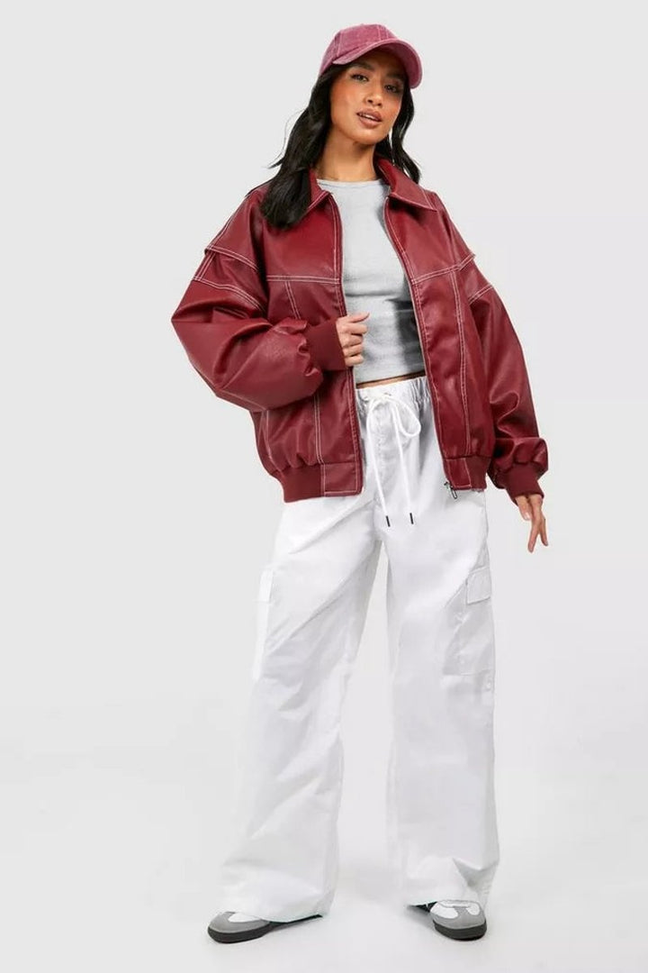 Harriet | Women's Oversized Faux Leather Zip Up Bomber Jacket