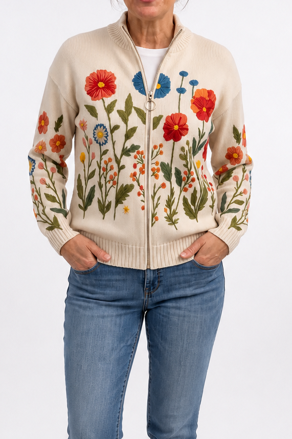 Henrietta | Women's Zip Up Cardigan Sweater Botanical Print