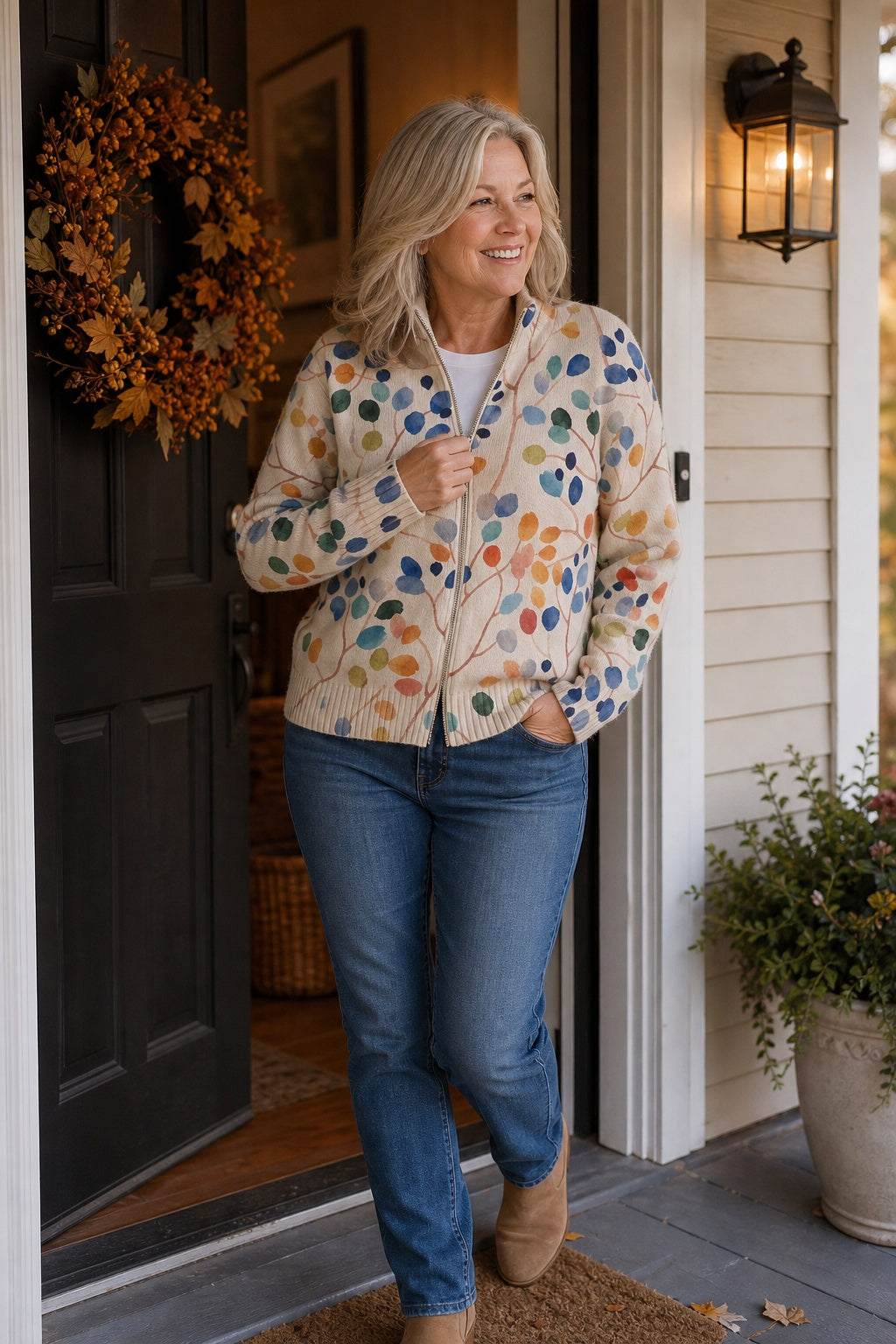 Henrietta | Women's Zip Up Cardigan Sweater Botanical Print