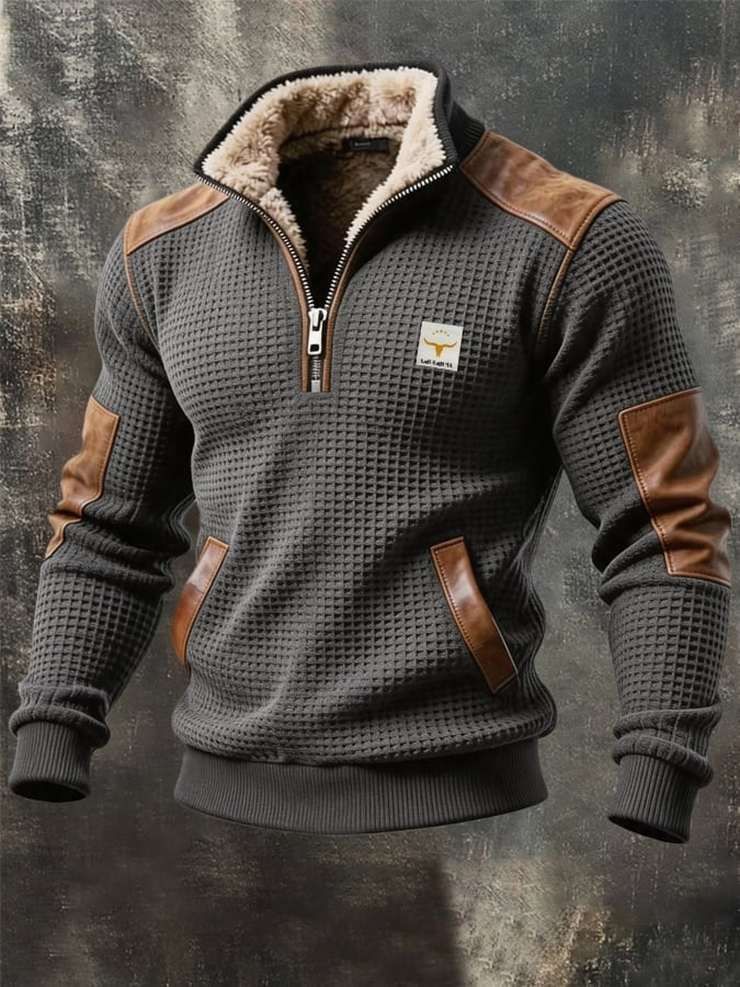 Hugo | Men's Half Zip Sweater Waffle Knit Fleece-Lined Collar