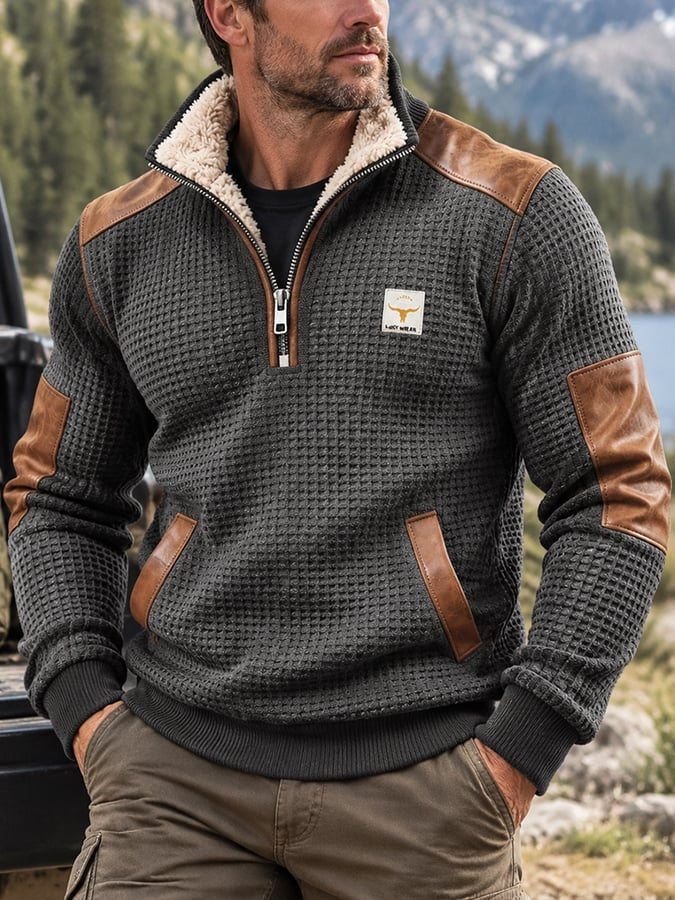 Hugo | Men's Half Zip Sweater Waffle Knit Fleece-Lined Collar