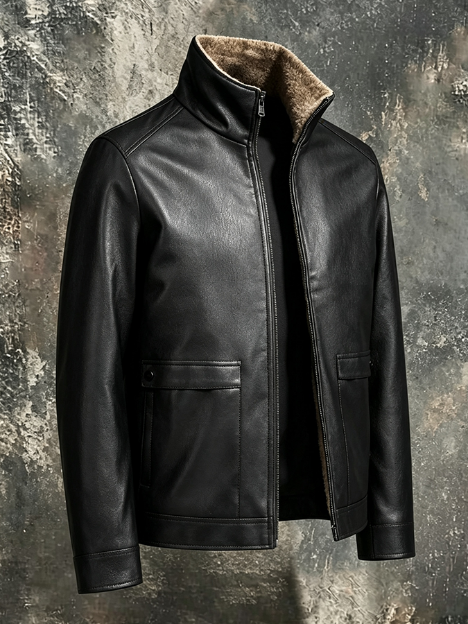 Hugo | Men's Sherpa Lined Leather Jacket with Flap Pockets