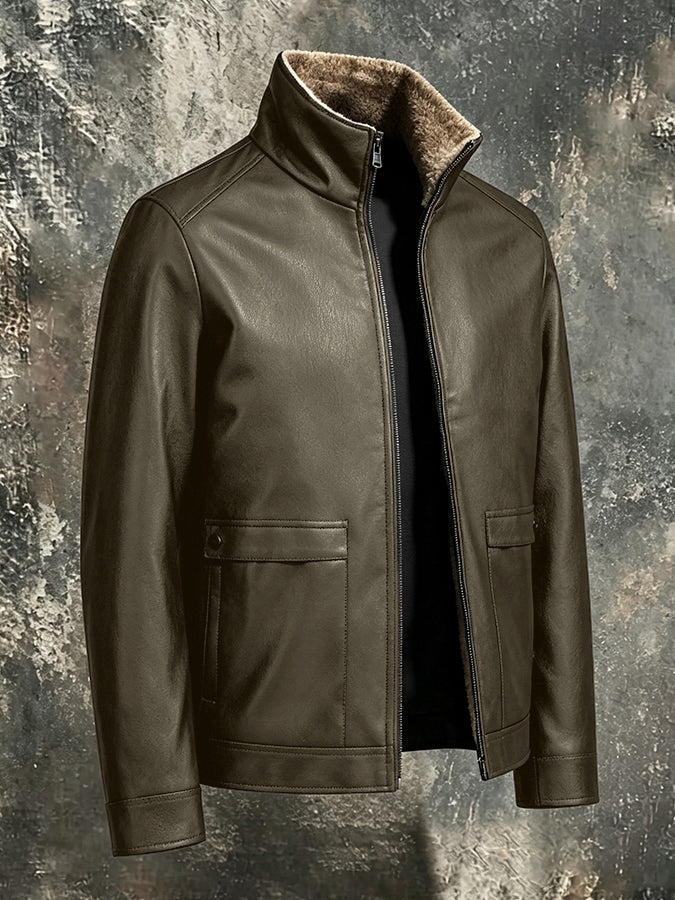 Hugo | Men's Sherpa Lined Leather Jacket with Flap Pockets