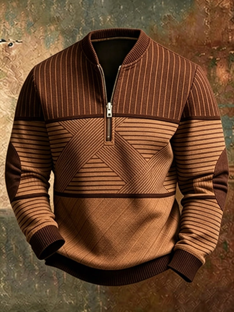 Ignatius | Men's Striped Half Zip Sweater with Elbow Patches