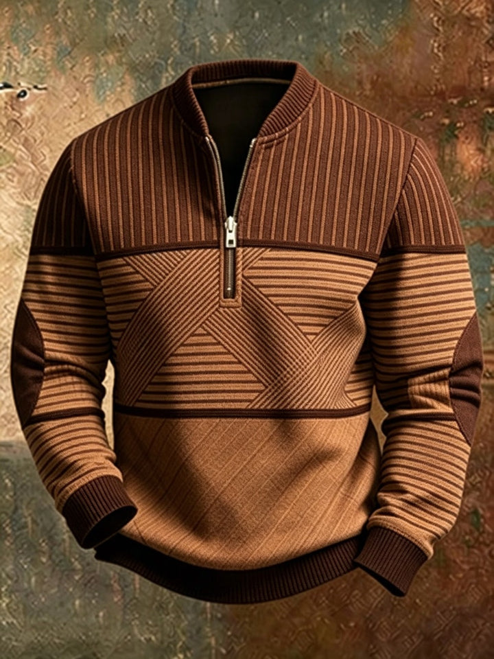 Ignatius | Men's Striped Half Zip Sweater with Elbow Patches