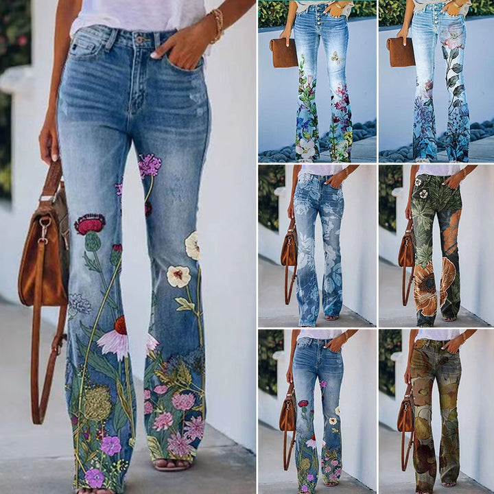 Ilse | Flared Jeans Dames Bloemenprint Hoge Taille
