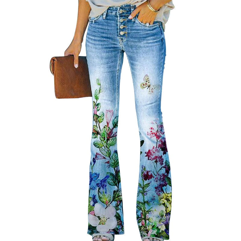 Ilse | Flared Jeans Dames Bloemenprint Hoge Taille