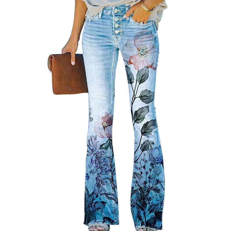 Ilse | Flared Jeans Dames Bloemenprint Hoge Taille