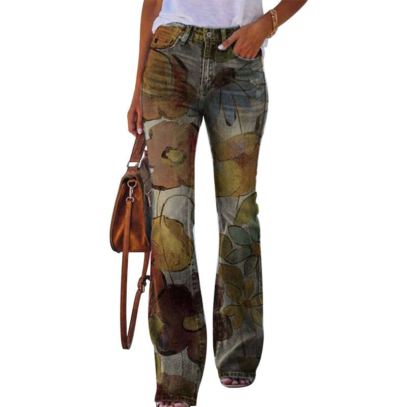 Ilse | Flared Jeans Dames Bloemenprint Hoge Taille
