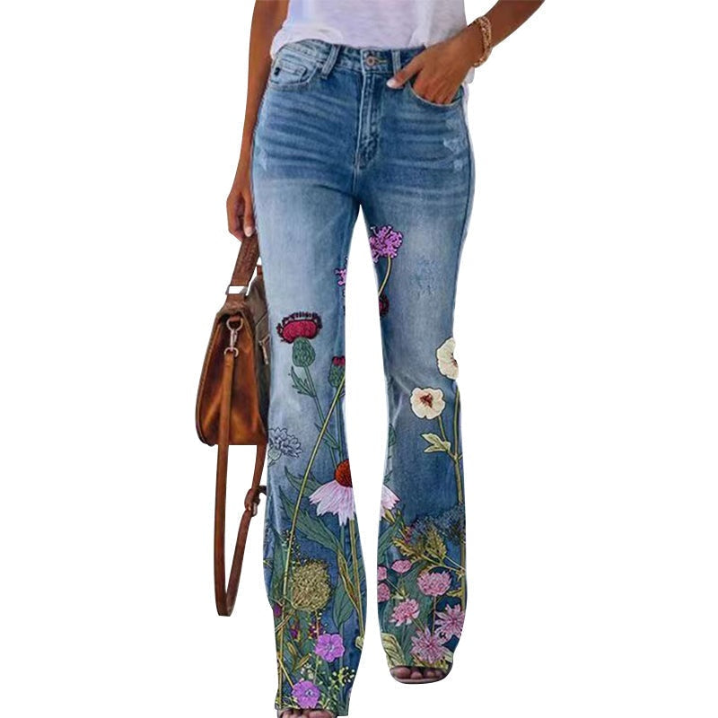 Ilse | Flared Jeans Dames Bloemenprint Hoge Taille