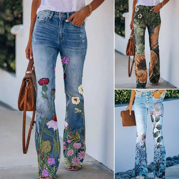 Ilse | Flared Jeans Dames Bloemenprint Hoge Taille