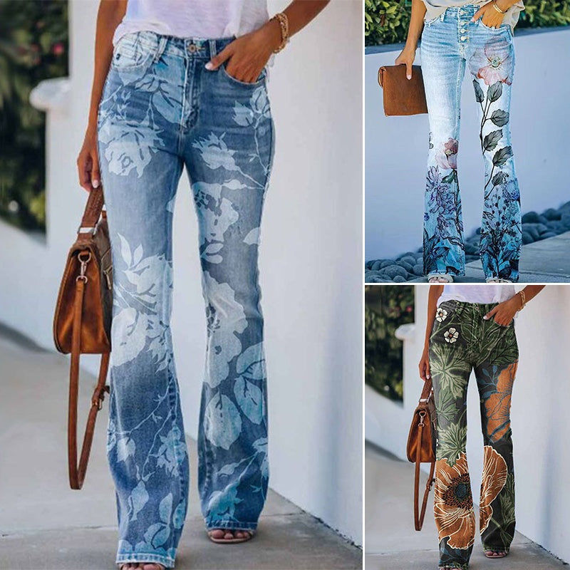 Ilse | Flared Jeans Dames Bloemenprint Hoge Taille