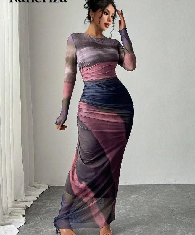 Ilse | Maxi Jurk met Lange Mouwen Dames Avondjurk Mesh Bodycon