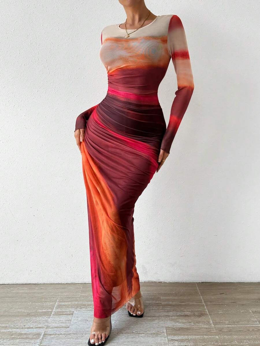Ilse | Maxi Jurk met Lange Mouwen Dames Avondjurk Mesh Bodycon