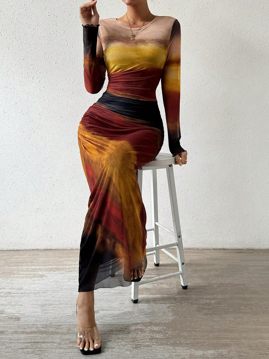 Ilse | Maxi Jurk met Lange Mouwen Dames Avondjurk Mesh Bodycon