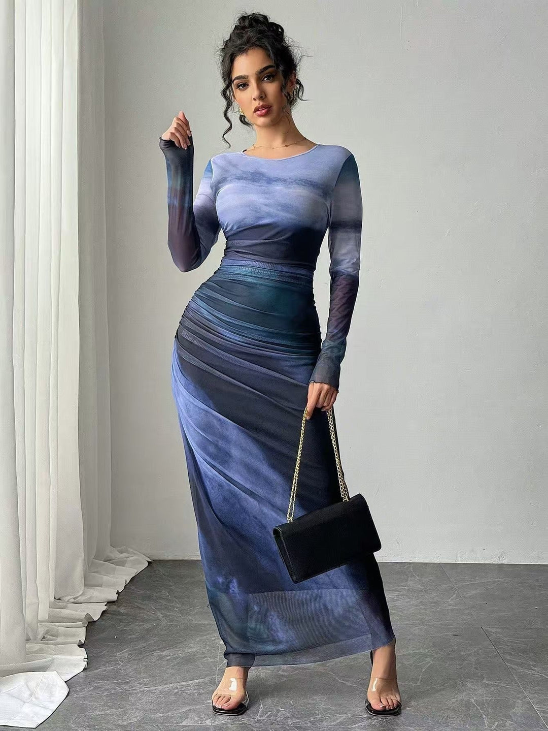 Ilse | Maxi Jurk met Lange Mouwen Dames Avondjurk Mesh Bodycon