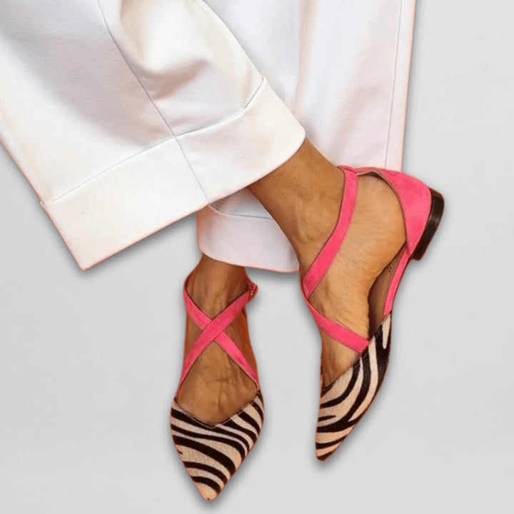 Imogen | Women's Ballet Flats Pointed Toe Zebra Print Ankle Strap