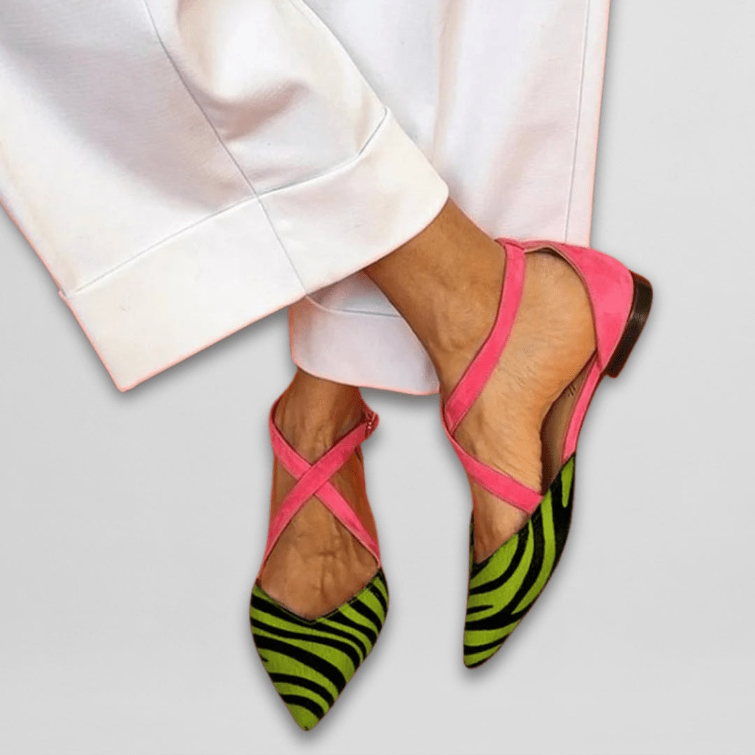 Imogen | Women's Ballet Flats Pointed Toe Zebra Print Ankle Strap