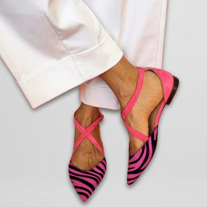 Imogen | Women's Ballet Flats Pointed Toe Zebra Print Ankle Strap