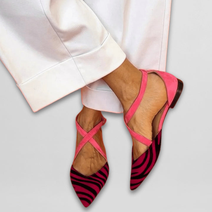 Imogen | Women's Ballet Flats Pointed Toe Zebra Print Ankle Strap