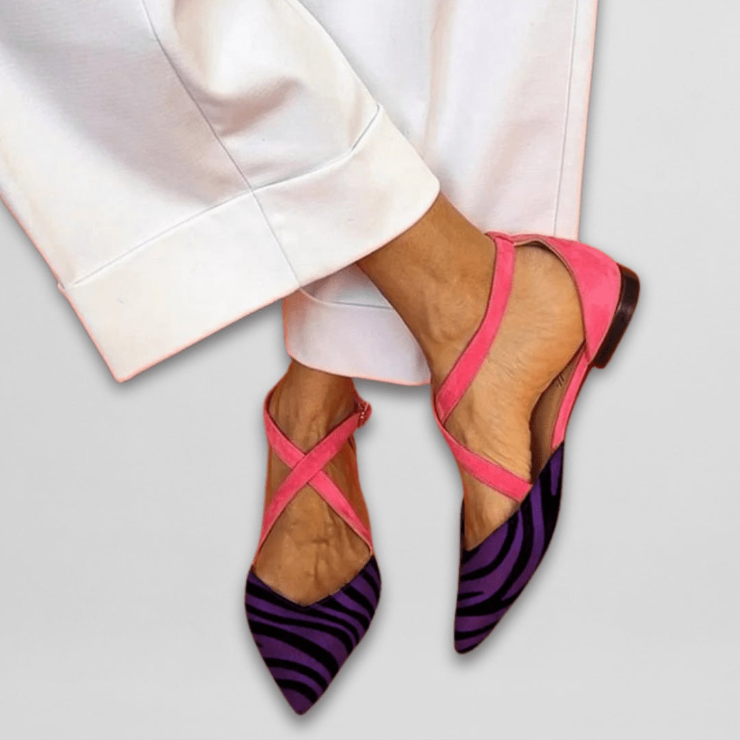 Imogen | Women's Ballet Flats Pointed Toe Zebra Print Ankle Strap