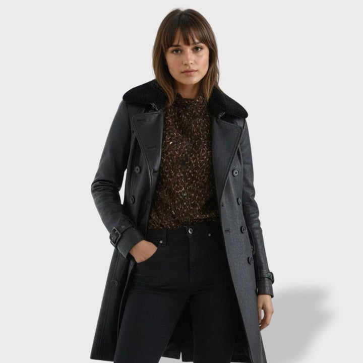 Imogen | Women's Leather-Look Trench Coat with Shearling-Look Collar