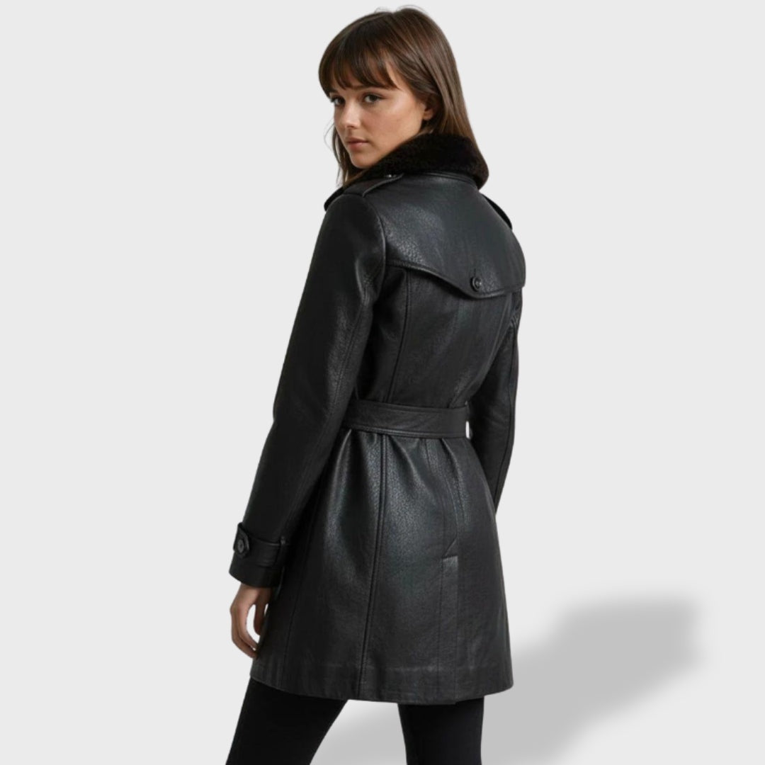 Imogen | Women's Leather-Look Trench Coat with Shearling-Look Collar