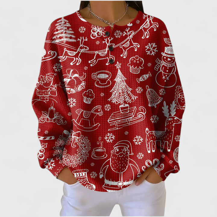 Ines | Women's Christmas Sweatshirt Waffle Knit with Button Neck