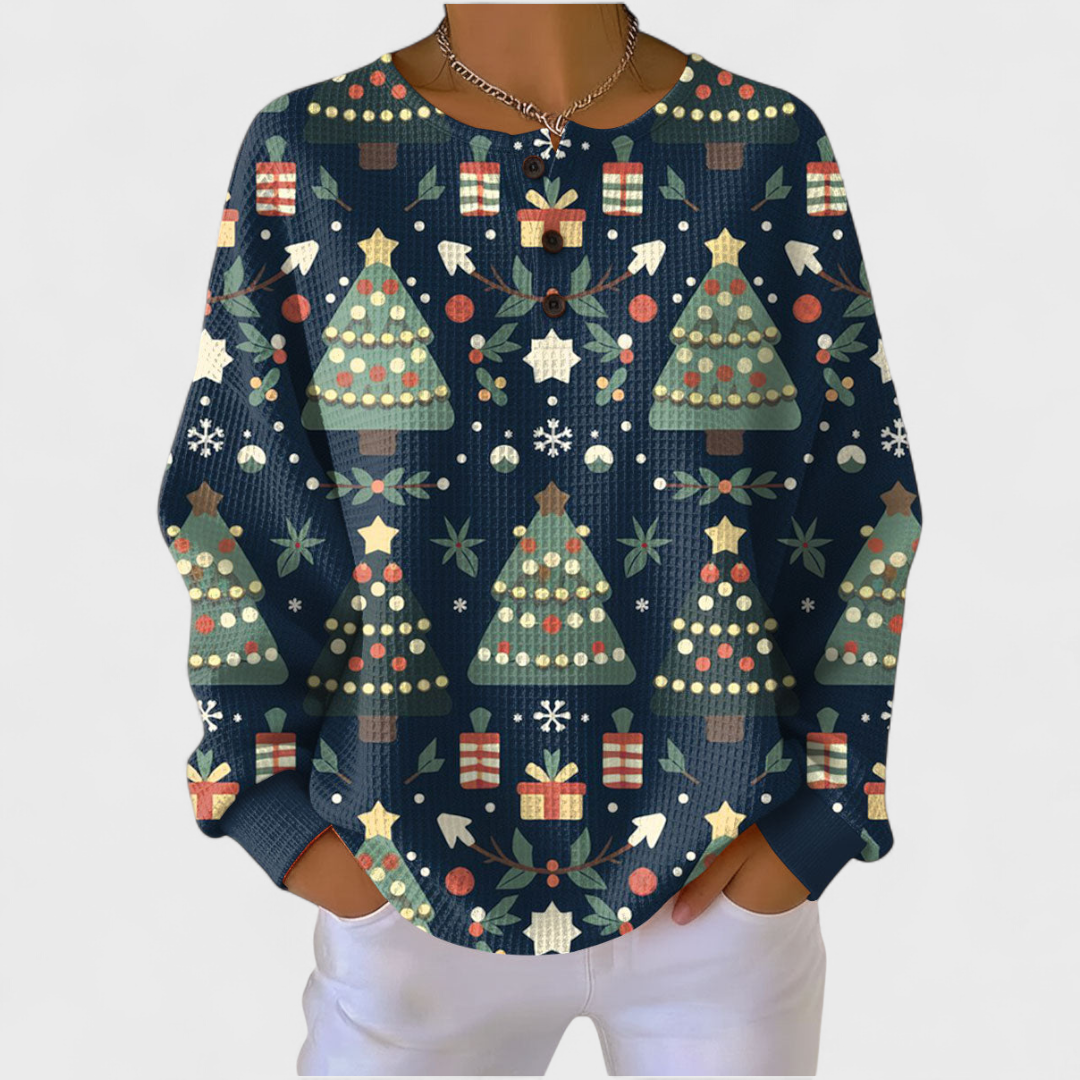 Ines | Women's Christmas Sweatshirt Waffle Knit with Button Neck