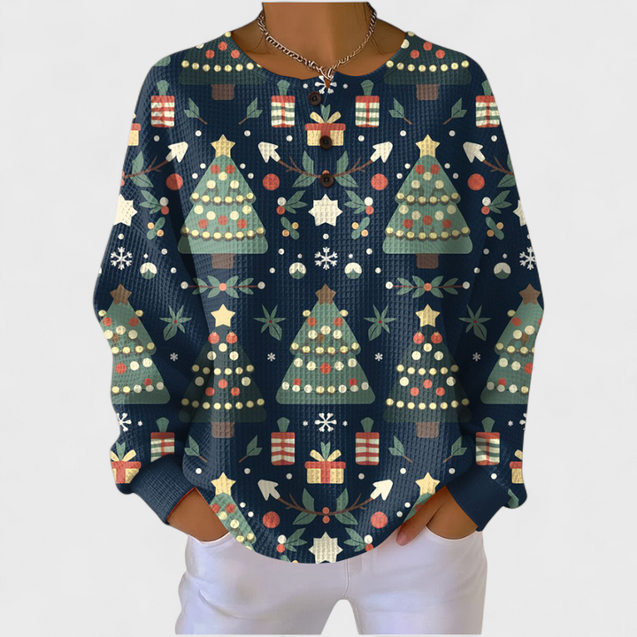 Ines | Women's Christmas Sweatshirt Waffle Knit with Button Neck