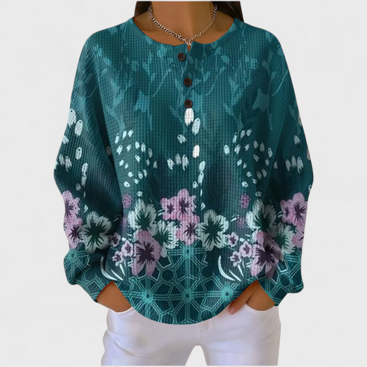 Ines | Women's Christmas Sweatshirt Waffle Knit with Button Neck