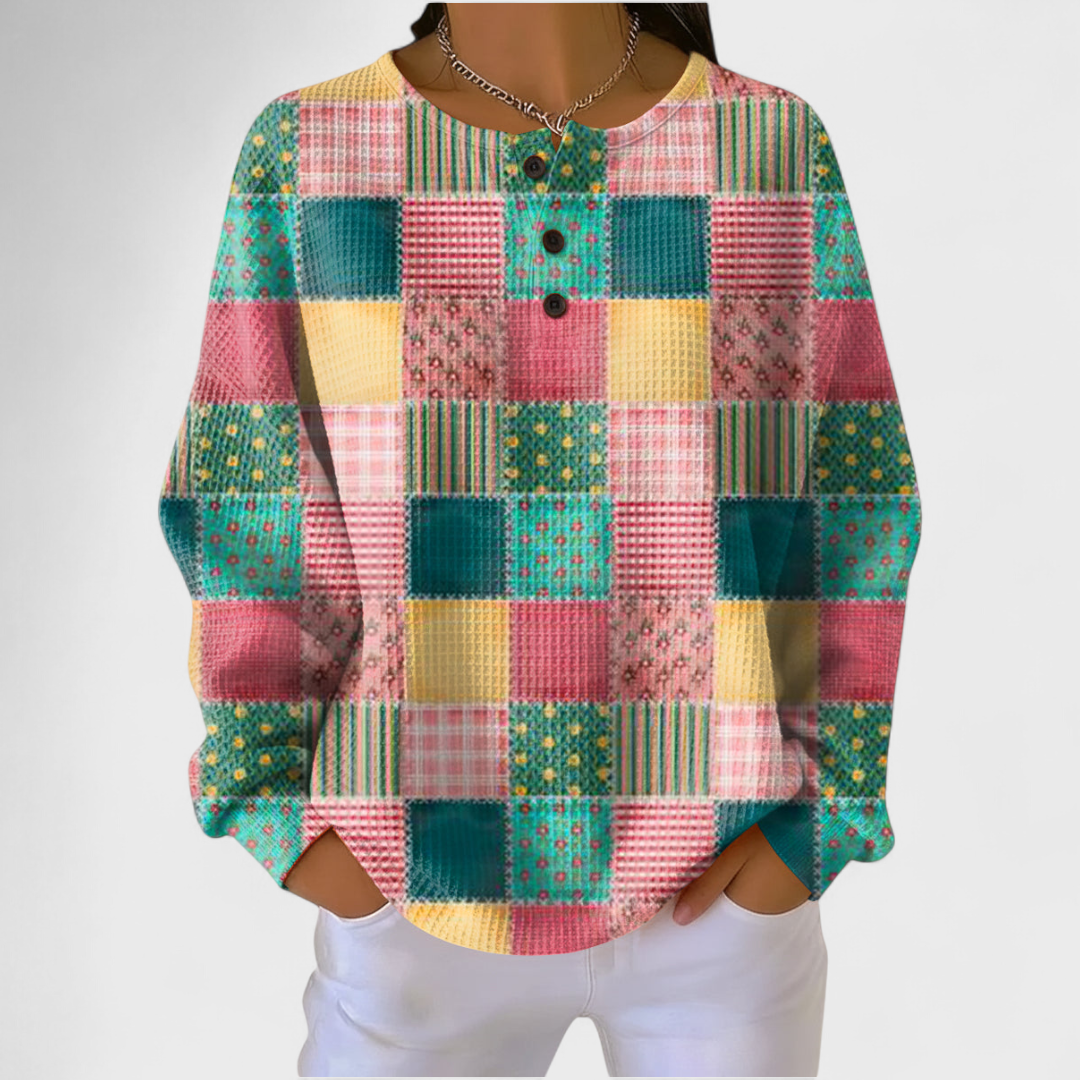 Ines | Women's Christmas Sweatshirt Waffle Knit with Button Neck