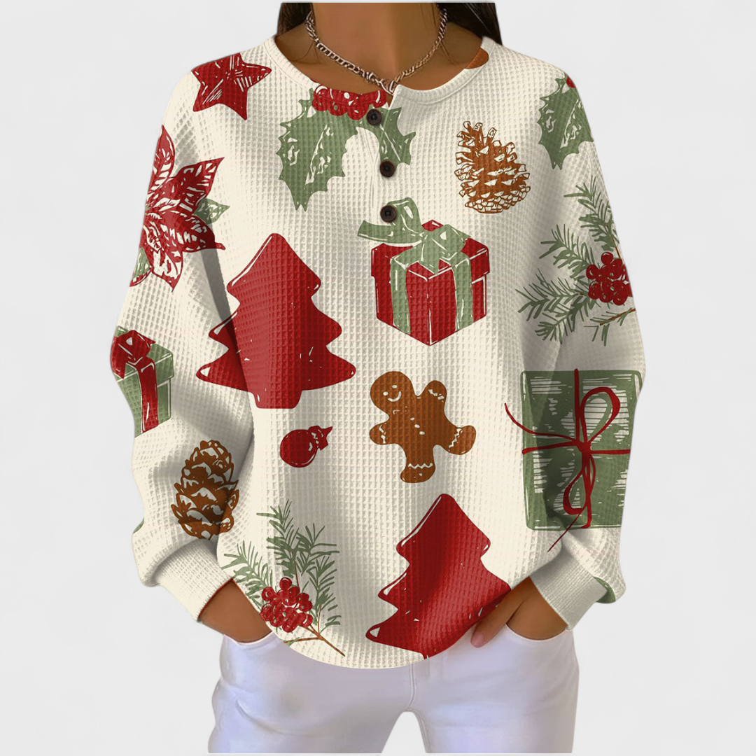 Ines | Women's Christmas Sweatshirt Waffle Knit with Button Neck