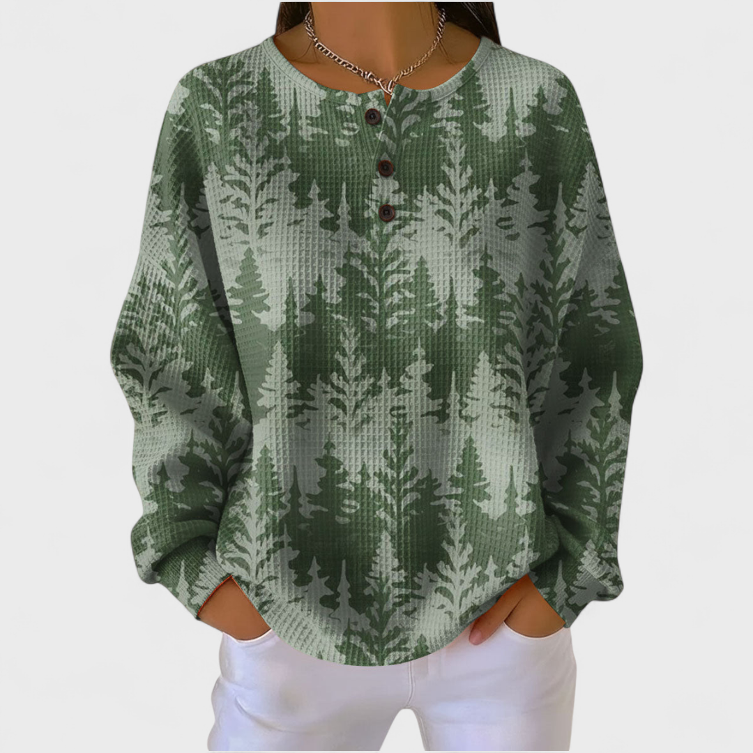 Ines | Women's Christmas Sweatshirt Waffle Knit with Button Neck