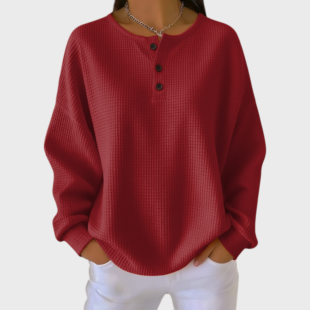 Ines | Women's Christmas Sweatshirt Waffle Knit with Button Neck