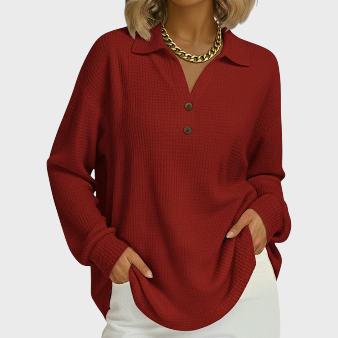 Ines | Women's Christmas Sweatshirt Waffle Knit with Button Neck