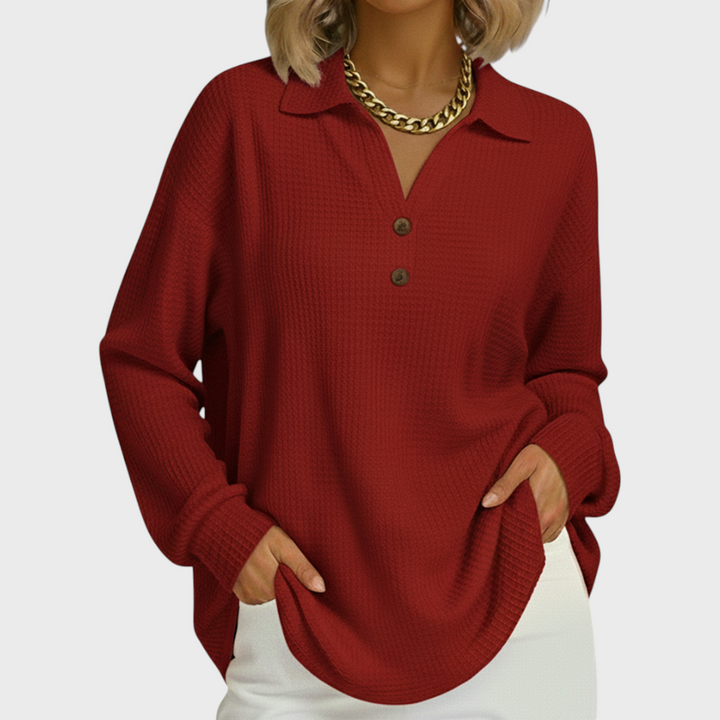 Ines | Women's Christmas Sweatshirt Waffle Knit with Button Neck