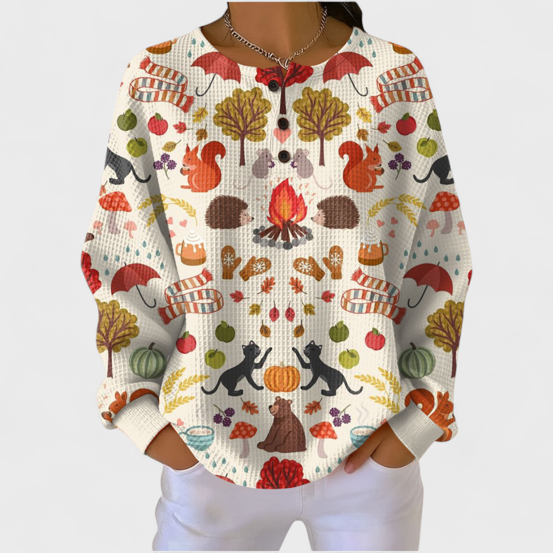 Ines | Women's Christmas Sweatshirt Waffle Knit with Button Neck