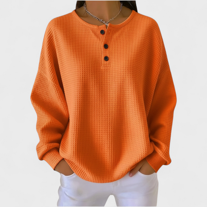 Ines | Women's Christmas Sweatshirt Waffle Knit with Button Neck