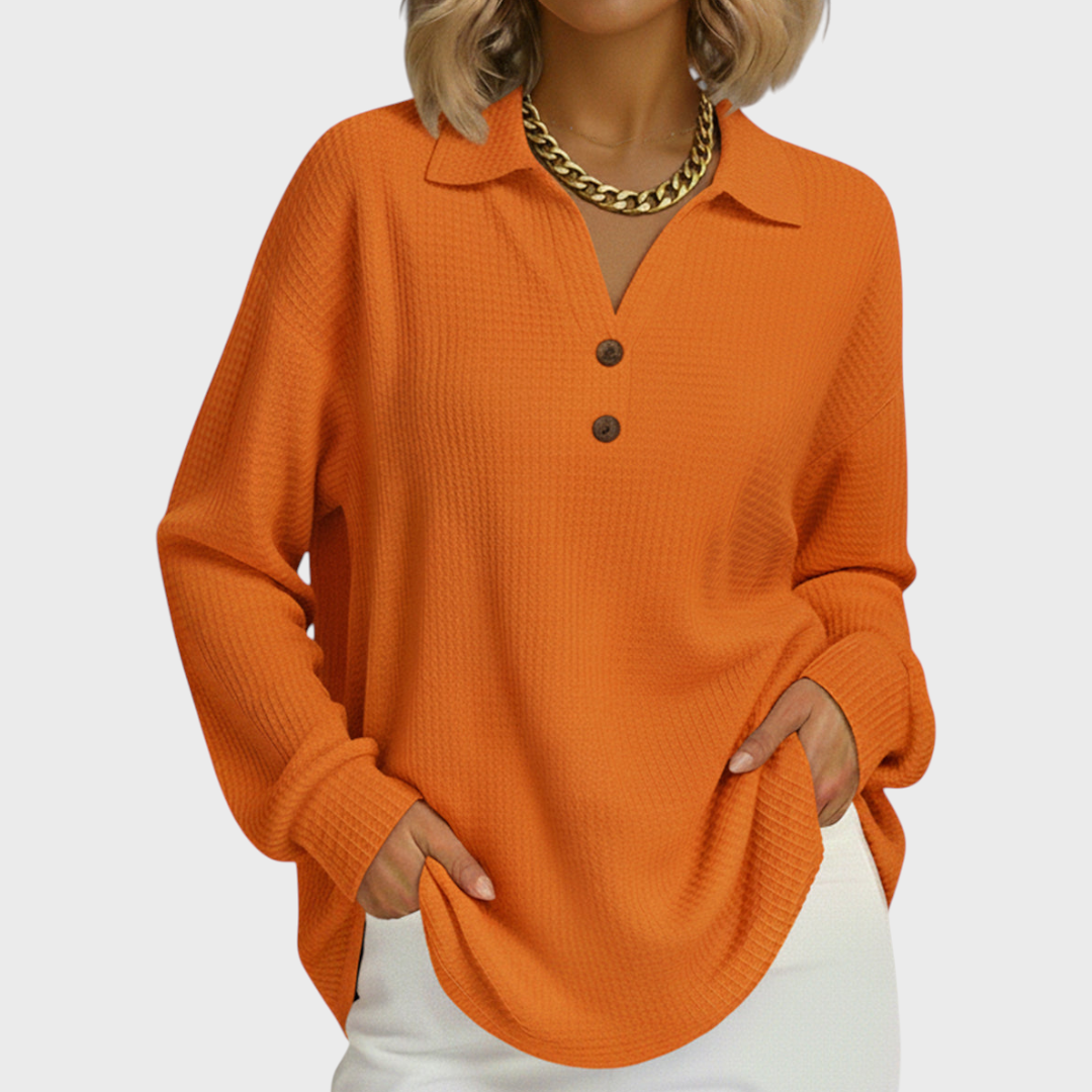 Ines | Women's Christmas Sweatshirt Waffle Knit with Button Neck