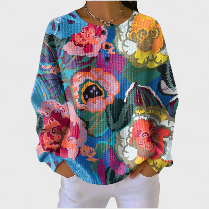 Ines | Women's Christmas Sweatshirt Waffle Knit with Button Neck