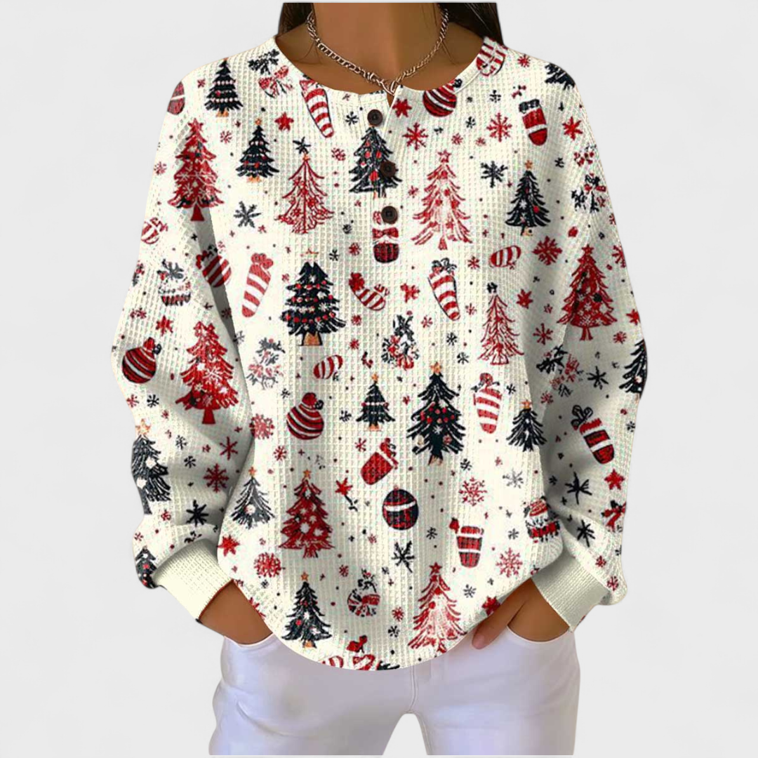 Ines | Women's Christmas Sweatshirt Waffle Knit with Button Neck