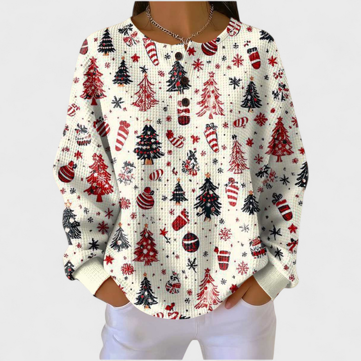 Ines | Women's Christmas Sweatshirt Waffle Knit with Button Neck