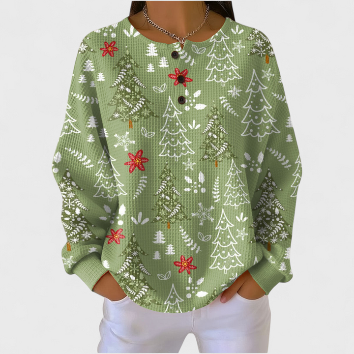 Ines | Women's Christmas Sweatshirt Waffle Knit with Button Neck
