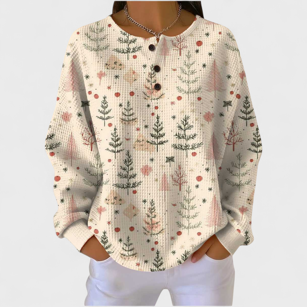Ines | Women's Christmas Sweatshirt Waffle Knit with Button Neck