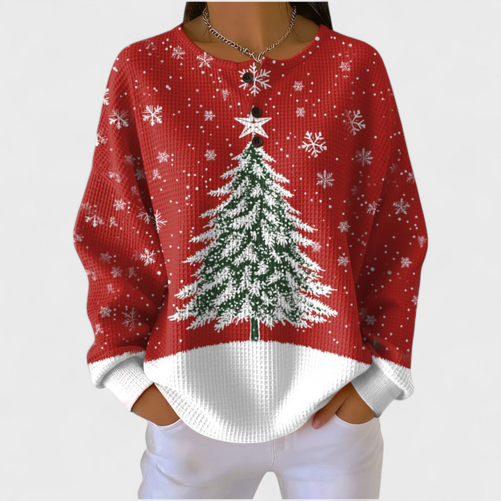 Ines | Women's Christmas Sweatshirt Waffle Knit with Button Neck
