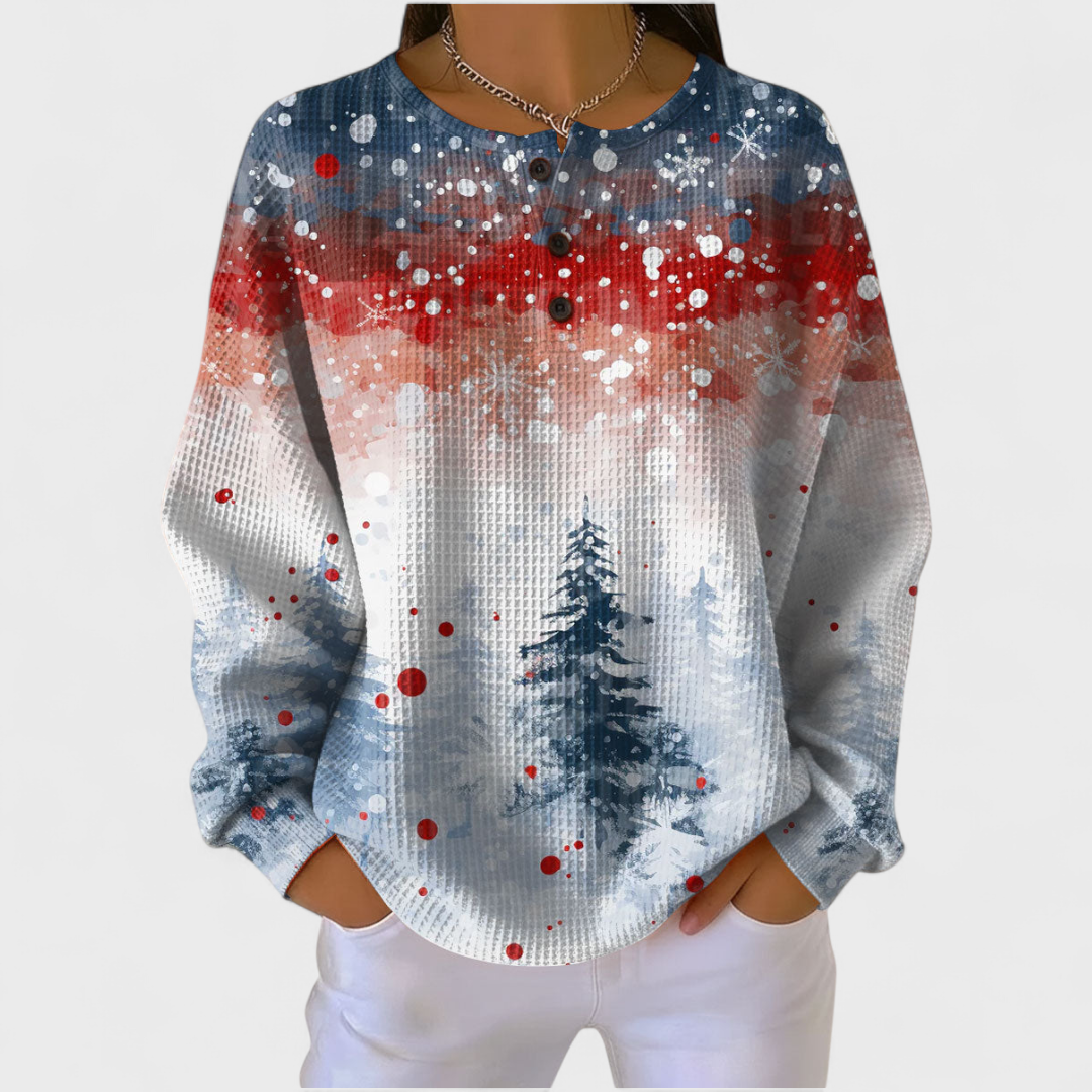 Ines | Women's Christmas Sweatshirt Waffle Knit with Button Neck