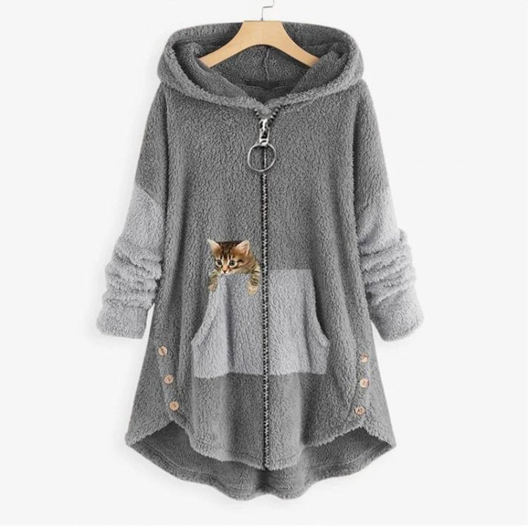 Ines | Women's Cute Fleece Zipper Hoodie with Cat Print